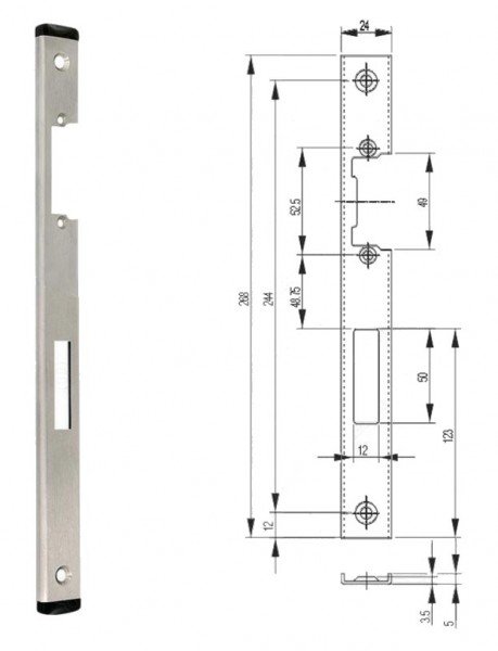 Maßzeichnung Schließblech U-Profil 268x24x5 mm für elektr. Türöffner